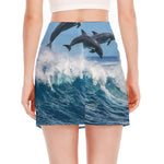 Dolphins Jumping Over Waves Print Side Slit Mini Skirt