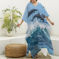 Dolphins Jumping Over Waves Print Silk V-Neck Kaftan Dress