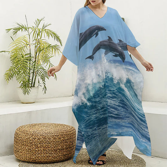 Dolphins Jumping Over Waves Print Silk V-Neck Kaftan Dress