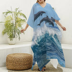 Dolphins Jumping Over Waves Print Silk V-Neck Kaftan Dress