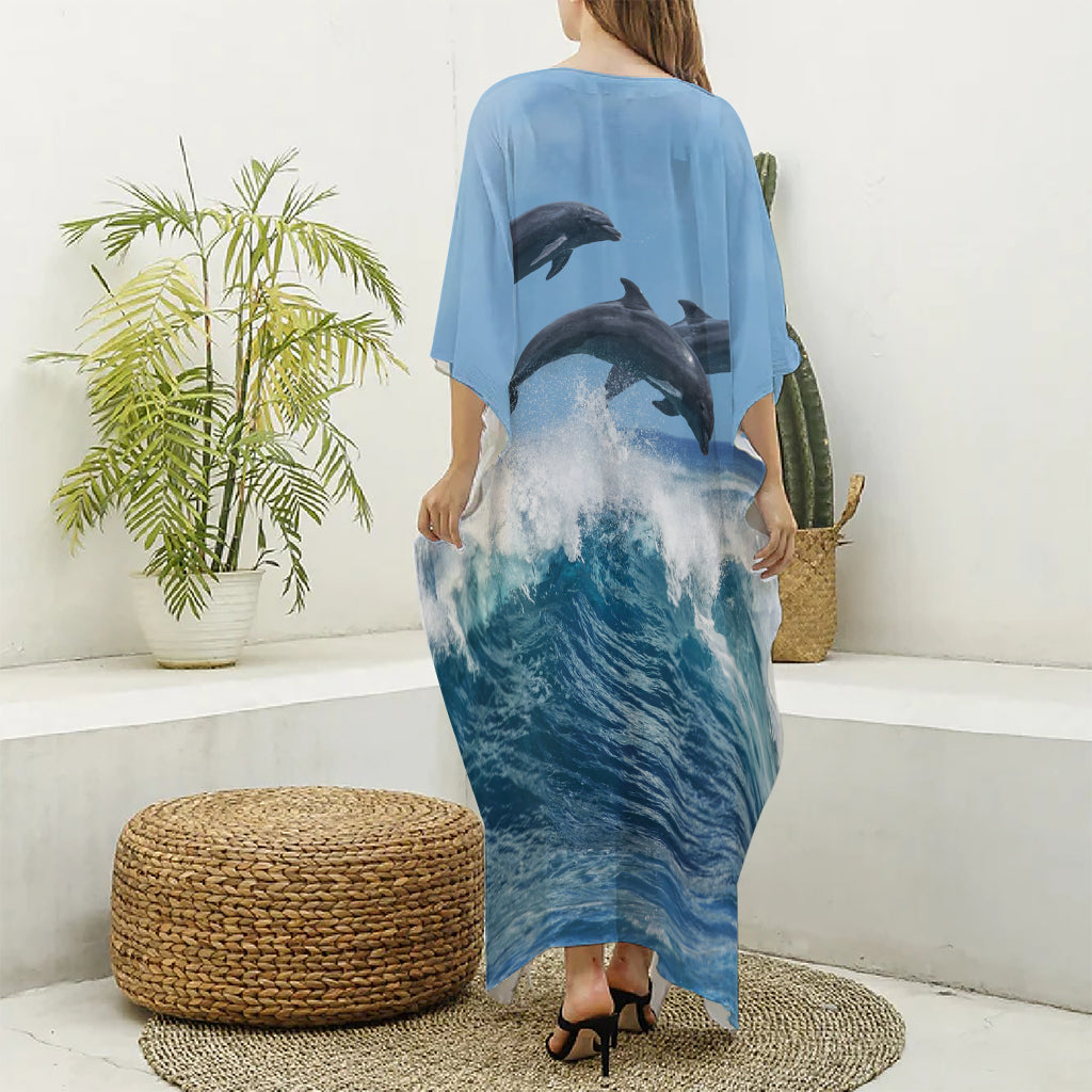 Dolphins Jumping Over Waves Print Silk V-Neck Kaftan Dress