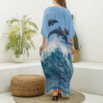 Dolphins Jumping Over Waves Print Silk V-Neck Kaftan Dress