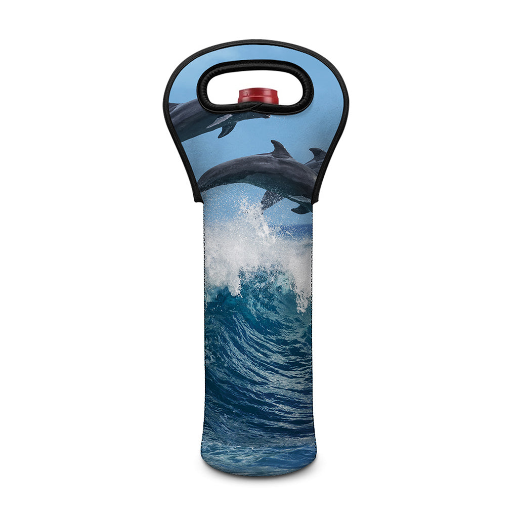 Dolphins Jumping Over Waves Print Single Neoprene Wine Tote