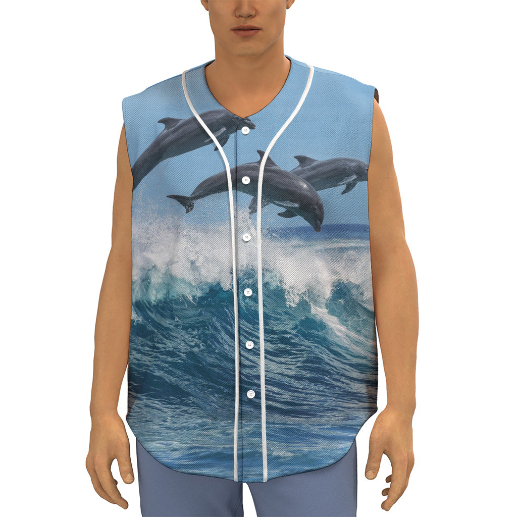 Dolphins Jumping Over Waves Print Sleeveless Baseball Jersey