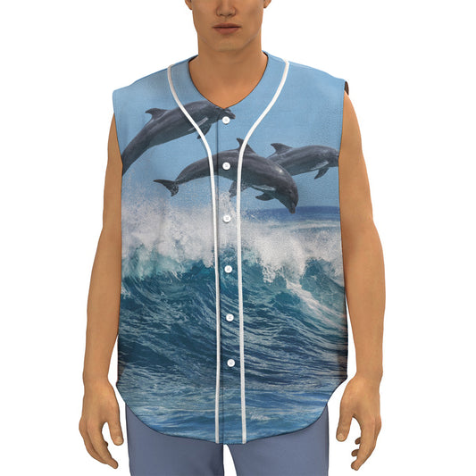 Dolphins Jumping Over Waves Print Sleeveless Baseball Jersey