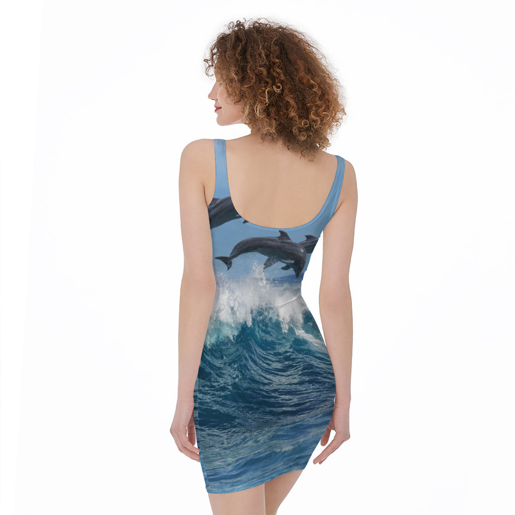 Dolphins Jumping Over Waves Print Sleeveless Bodycon Dress