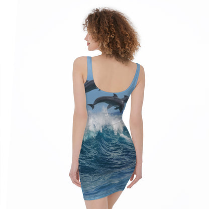 Dolphins Jumping Over Waves Print Sleeveless Bodycon Dress