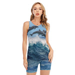Dolphins Jumping Over Waves Print Sleeveless One Piece Swimsuit