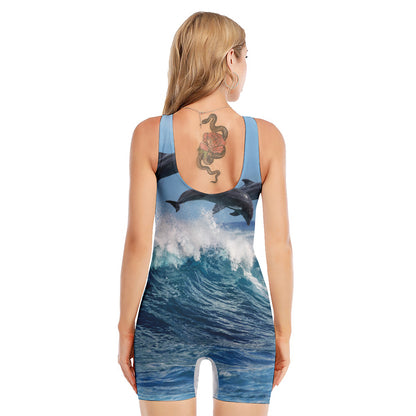 Dolphins Jumping Over Waves Print Sleeveless One Piece Swimsuit