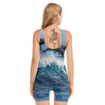 Dolphins Jumping Over Waves Print Sleeveless One Piece Swimsuit