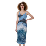 Dolphins Jumping Over Waves Print Slim Fit Midi Cami Dress