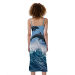 Dolphins Jumping Over Waves Print Slim Fit Midi Cami Dress