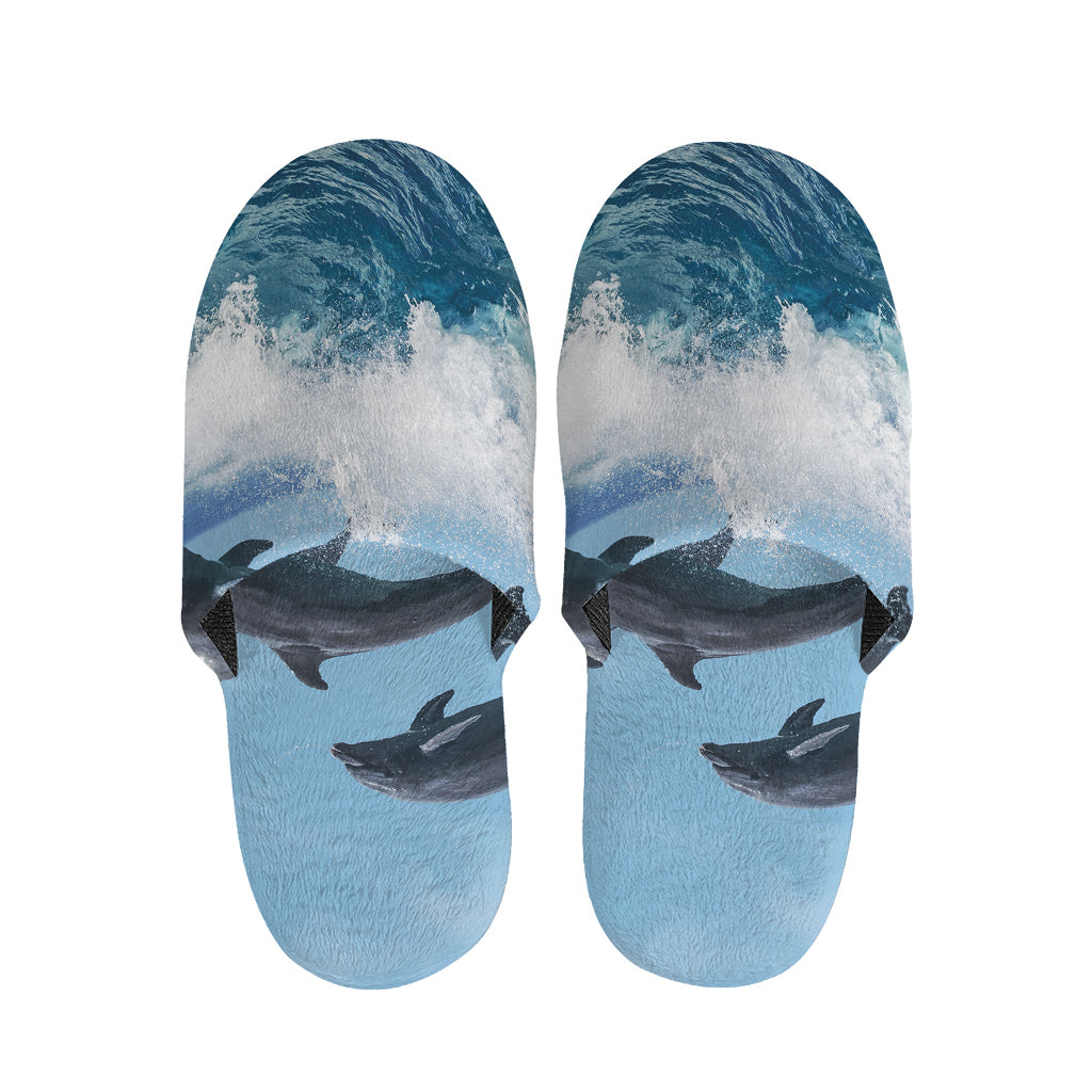 Dolphins Jumping Over Waves Print Slippers