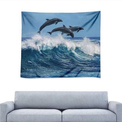 Dolphins Jumping Over Waves Print Tapestry