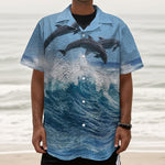 Dolphins Jumping Over Waves Print Textured Short Sleeve Shirt
