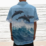 Dolphins Jumping Over Waves Print Textured Short Sleeve Shirt