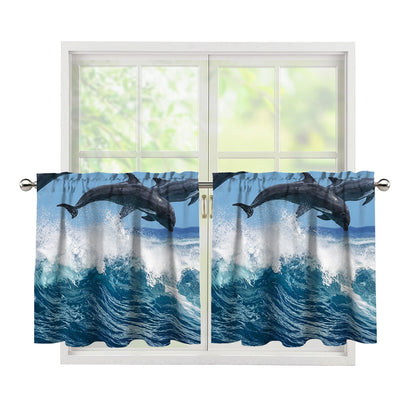 Dolphins Jumping Over Waves Print Tier Curtains