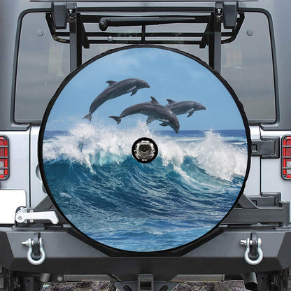 Dolphins Jumping Over Waves Print Tire Cover With Camera Hole