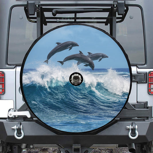Dolphins Jumping Over Waves Print Tire Cover With Camera Hole