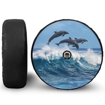 Dolphins Jumping Over Waves Print Tire Cover With Camera Hole