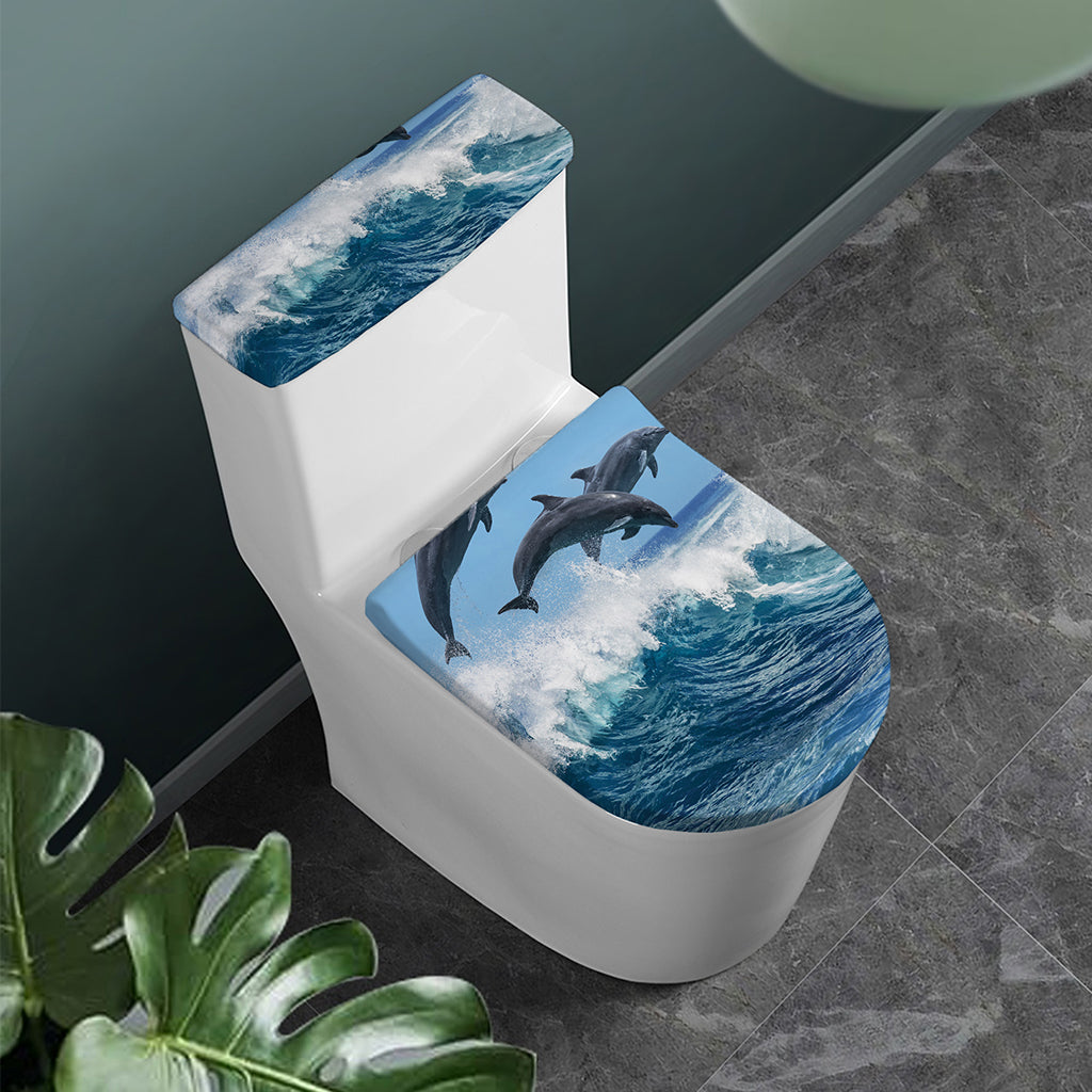 Dolphins Jumping Over Waves Print Toilet Lid And Tank Cover Set