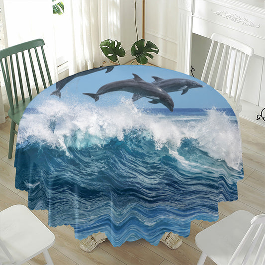 Dolphins Jumping Over Waves Print Waterproof Round Tablecloth