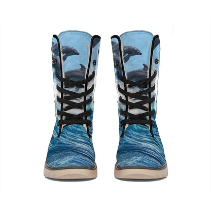 Dolphins Jumping Over Waves Print Winter Boots