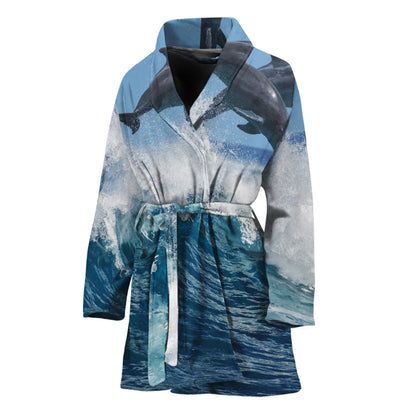 Dolphins Jumping Over Waves Print Women's Bathrobe