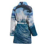 Dolphins Jumping Over Waves Print Women's Bathrobe