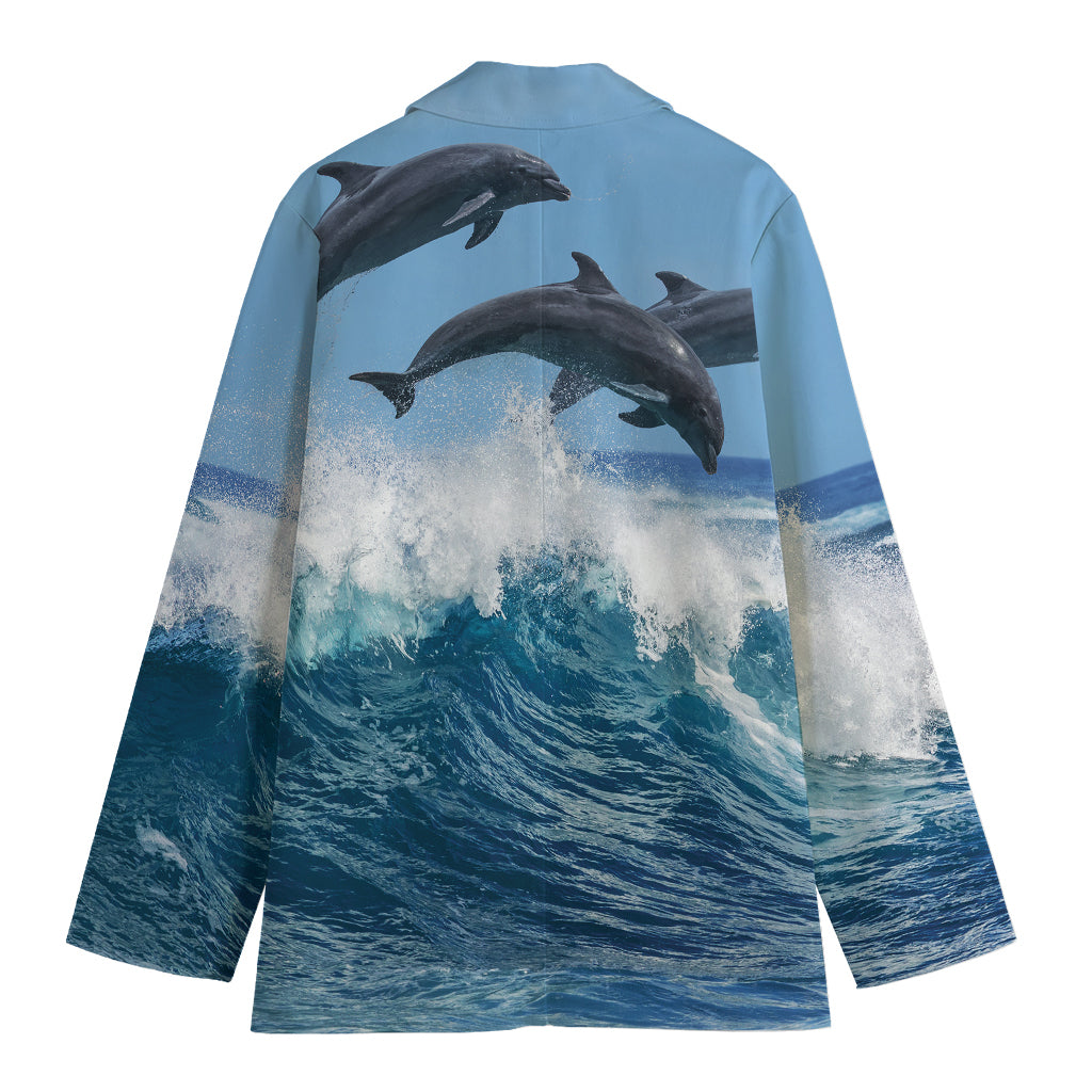 Dolphins Jumping Over Waves Print Women's Blazer
