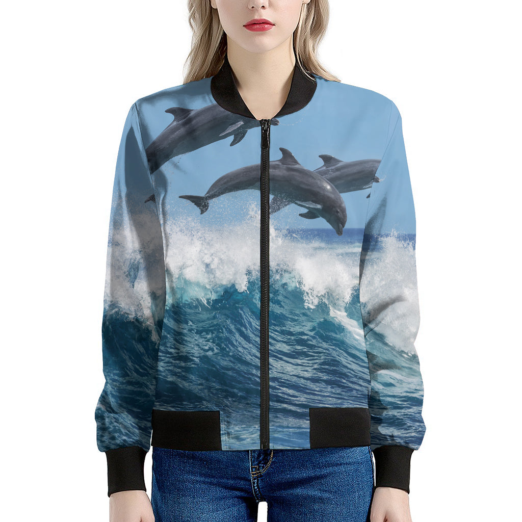 Dolphins Jumping Over Waves Print Women's Bomber Jacket