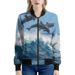 Dolphins Jumping Over Waves Print Women's Bomber Jacket