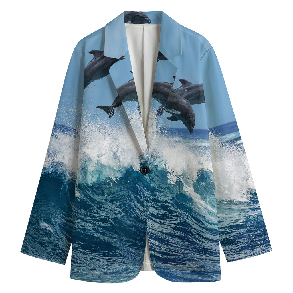 Dolphins Jumping Over Waves Print Women's Cotton Blazer