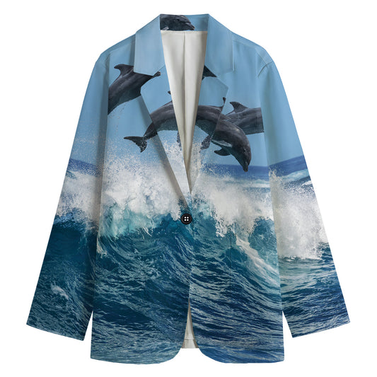Dolphins Jumping Over Waves Print Women's Cotton Blazer