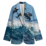 Dolphins Jumping Over Waves Print Women's Cotton Blazer