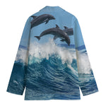 Dolphins Jumping Over Waves Print Women's Cotton Blazer