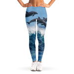 Dolphins Jumping Over Waves Print Women's Leggings