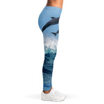 Dolphins Jumping Over Waves Print Women's Leggings