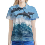 Dolphins Jumping Over Waves Print Women's Polo Shirt