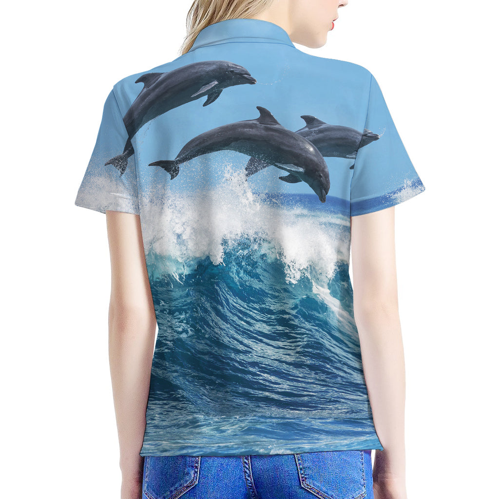 Dolphins Jumping Over Waves Print Women's Polo Shirt