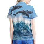 Dolphins Jumping Over Waves Print Women's Polo Shirt