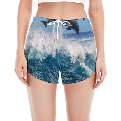 Dolphins Jumping Over Waves Print Women's Split Running Shorts