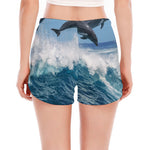 Dolphins Jumping Over Waves Print Women's Split Running Shorts
