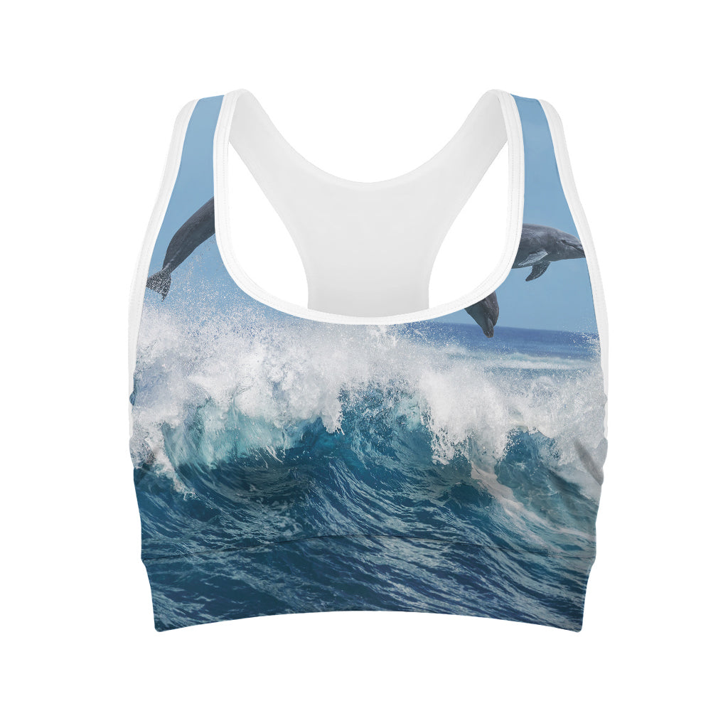 Dolphins Jumping Over Waves Print Women's Sports Bra
