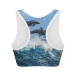 Dolphins Jumping Over Waves Print Women's Sports Bra