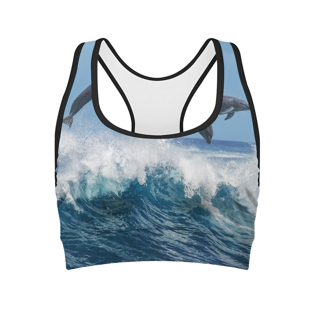 Dolphins Jumping Over Waves Print Women's Sports Bra