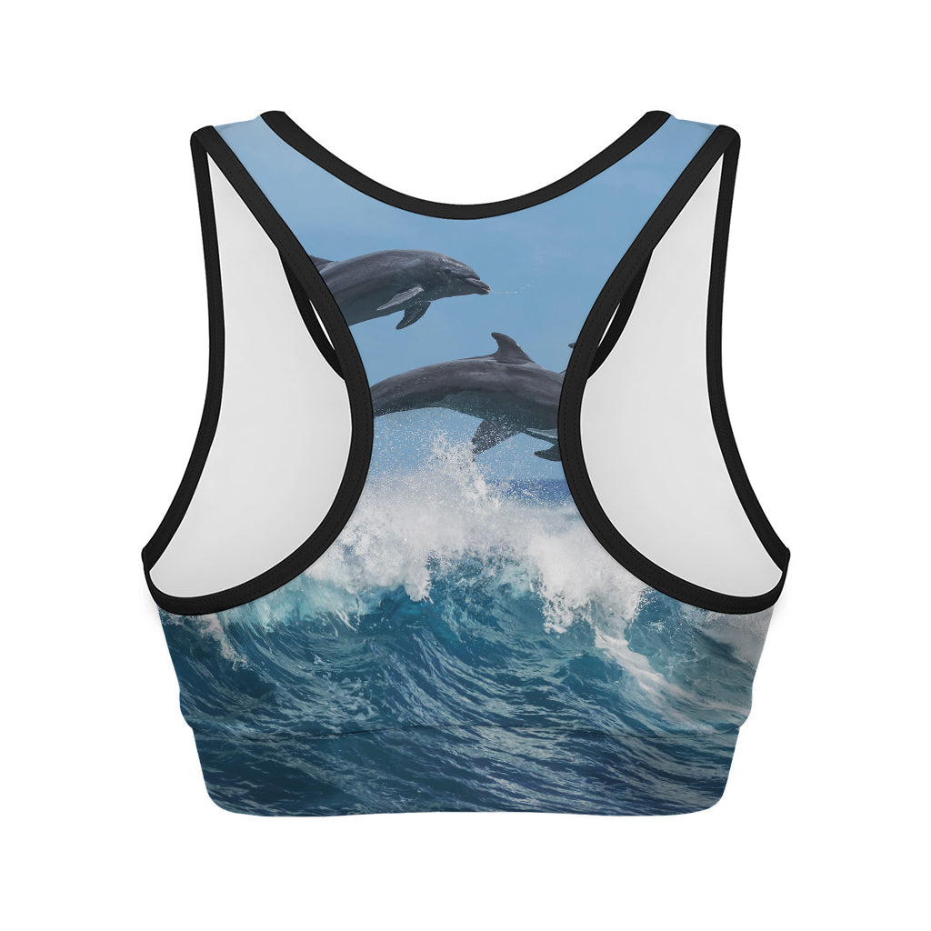 Dolphins Jumping Over Waves Print Women's Sports Bra