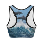 Dolphins Jumping Over Waves Print Women's Sports Bra