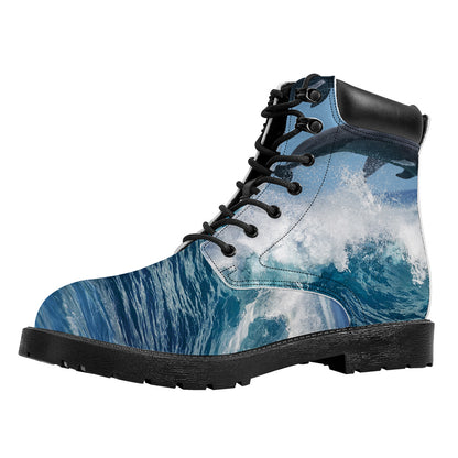 Dolphins Jumping Over Waves Print Work Boots