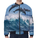 Dolphins Jumping Over Waves Print Zip Sleeve Bomber Jacket